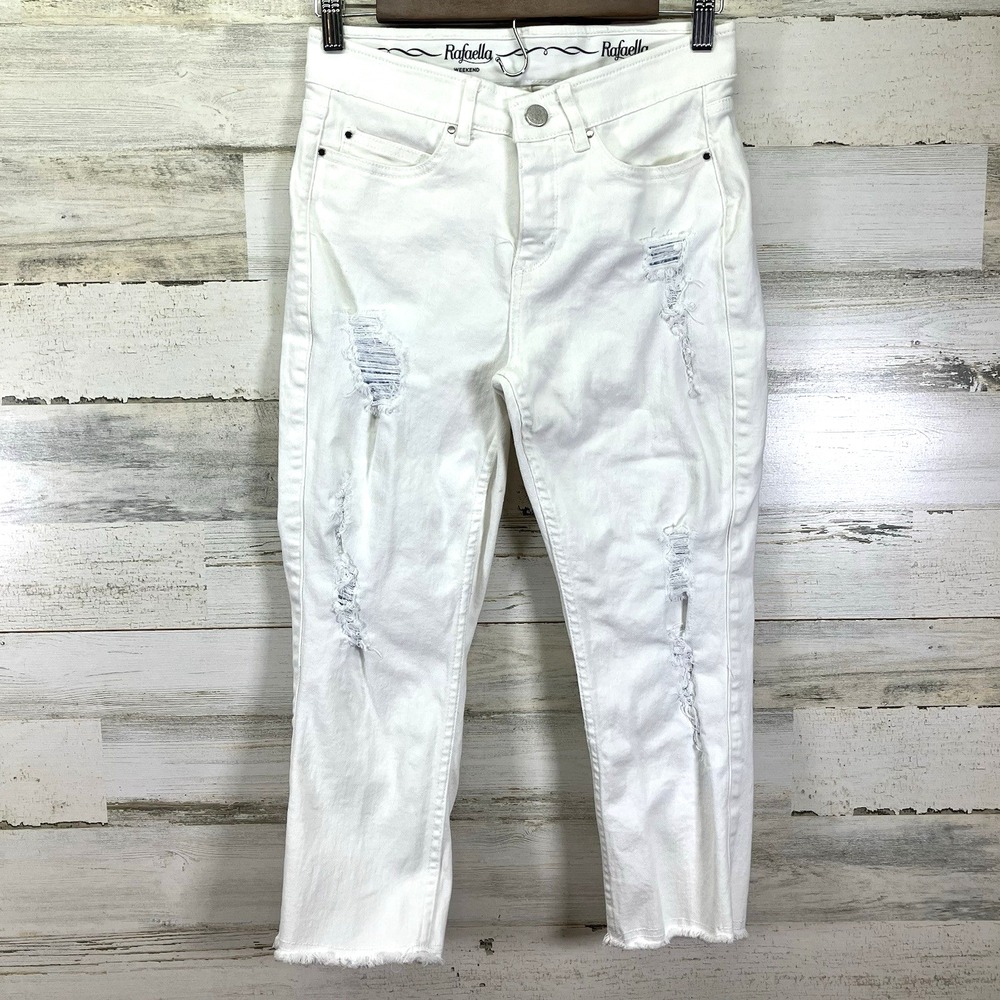 Rafaella Womens White WEEKEND Slimming Ripped Cropped Raw Hem Ankle Jeans Sz 6P